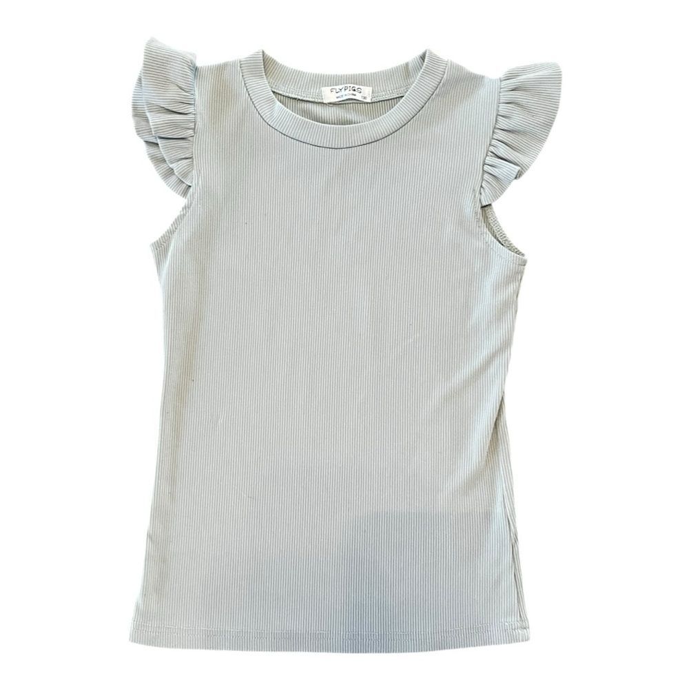 Fly Pigs Girls Ribbed Ruffle Sleeve Tank Top | Size 130 (7/8) | Light Gray